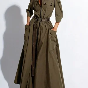 Chic Solid Maxi Shirt Dress Casual Turndown Neck Half Sleeve Zipper Belt Pockets Long Dress Ladies Streetwear Women Clothes