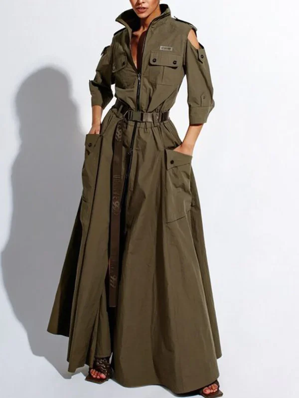 Chic Solid Maxi Shirt Dress Casual Turndown Neck Half Sleeve Zipper Belt Pockets Long Dress Ladies Streetwear Women Clothes