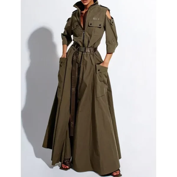 Chic Solid Maxi Shirt Dress Casual Turndown Neck Half Sleeve Zipper Belt Pockets Long Dress Ladies Streetwear Women Clothes - Image 3