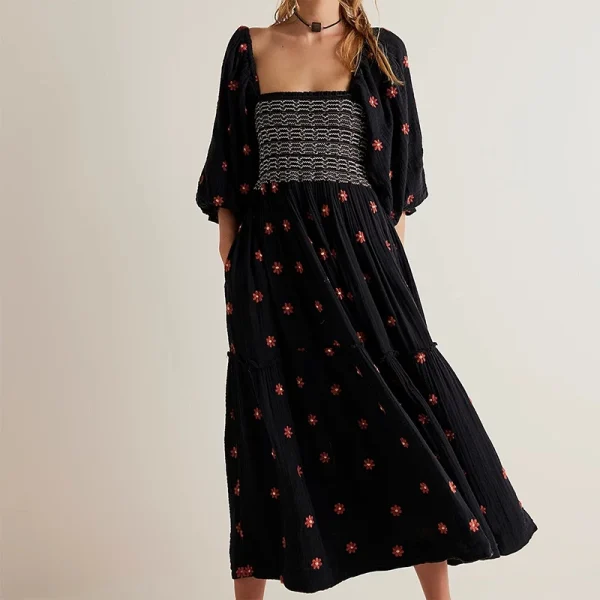 Beach Style Holiday Ruffle Swing A Line Maxi Dress Bohemian Floral Dress Women Lady Square Neck Long Sleeve Club Party Dress - Image 2
