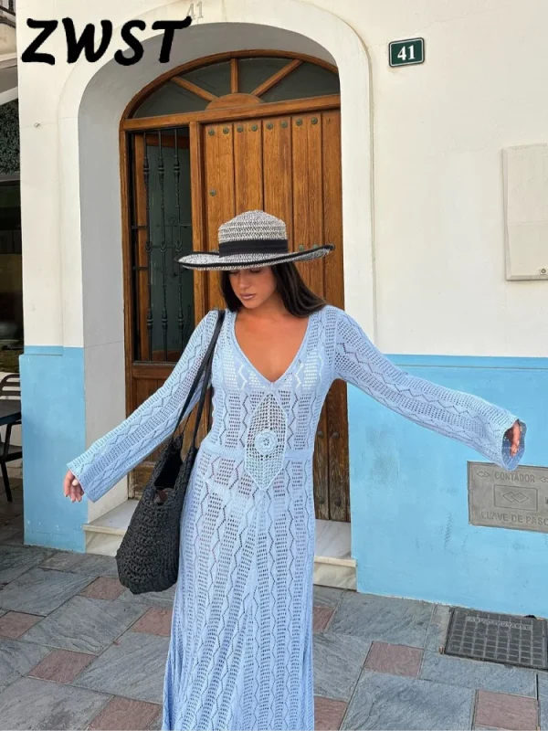 Elegant Knitted Beach Maxi Dress Women Blue V-neck Long Sleeves See Through Female Dresses 2024 Summer Lady Holiday Flower Robes - Image 2