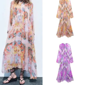 Summer Tulle Printed Pleat Long Dresses For Women 2025 Loose Lantern Sleeve Party Dresses Holiday Dress Elegant Vestidos