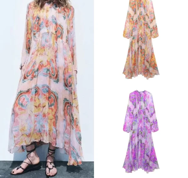 Summer Tulle Printed Pleat Long Dresses For Women 2025 Loose Lantern Sleeve Party Dresses Holiday Dress Elegant Vestidos