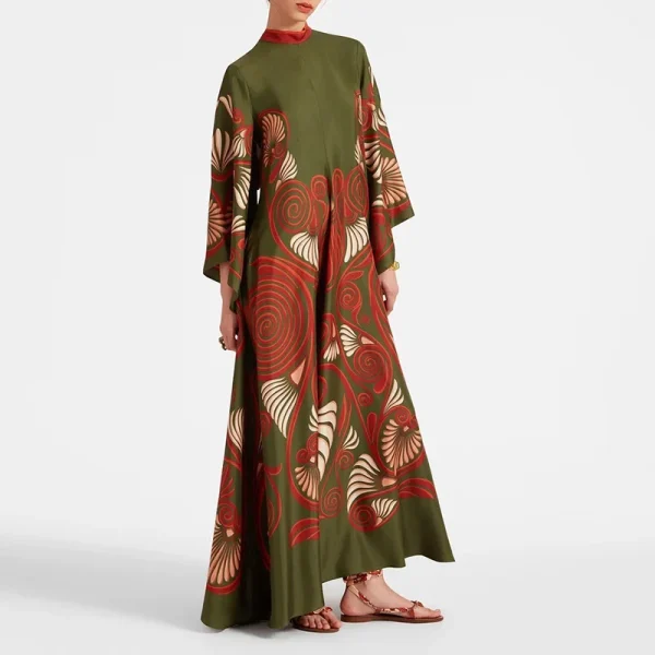Ethnic Retro Spring Print Boho Long Dress Women Sexy Stand Collar Lace-up Party Dress Fall Long Sleeve Loose Ladies Maxi Dresses