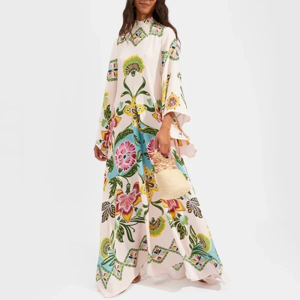 Ethnic Retro Spring Print Boho Long Dress Women Sexy Stand Collar Lace-up Party Dress Fall Long Sleeve Loose Ladies Maxi Dresses - Image 4