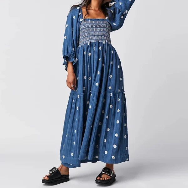 Beach Style Holiday Ruffle Swing A Line Maxi Dress Bohemian Floral Dress Women Lady Square Neck Long Sleeve Club Party Dress - Image 6