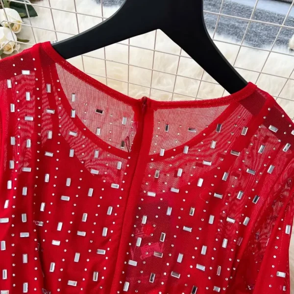 Elegant Long Sleeve Vintage O-neck Rhinestone Mesh Slim Split Spliced Feather Dresses French Evening High Street Autumn Clothing - Image 5