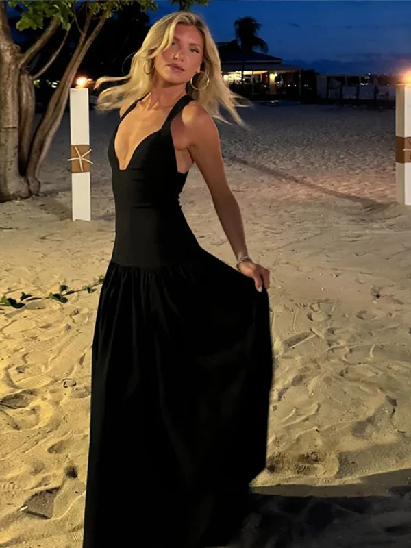 Elegant High Collar A-line Maxi Dress For Women Fashion Solid Pleated Slim Long Dresses 2024 New Lady Evening Party Prom Gowns - Image 5
