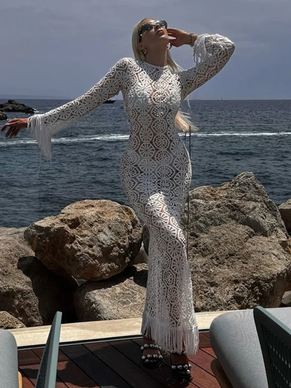Elegant Knitted Tassel Hollow Out Long Dress Women O-neck Long Sleeve Floral Lace Slim Dresses 2025 Summer Lady Holiday Robes - Image 5