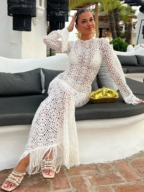 Elegant Knitted Tassel Hollow Out Long Dress Women O-neck Long Sleeve Floral Lace Slim Dresses 2025 Summer Lady Holiday Robes - Image 2
