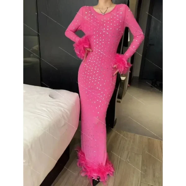 Elegant Long Sleeve Vintage O-neck Rhinestone Mesh Slim Split Spliced Feather Dresses French Evening High Street Autumn Clothing - Image 2