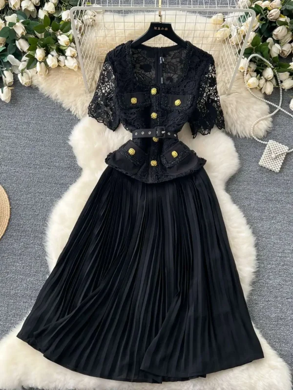 Designer 2025 Summer Pleated Chiffon Lace Long Dress Women Flower Embroidery Gold Button Belt Evening Party Dresses Wedding Robe - Image 3