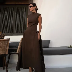 Elegant High Collar A-line Maxi Dress For Women Fashion Solid Pleated Slim Long Dresses 2024 New Lady Evening Party Prom Gowns