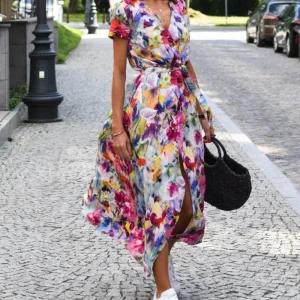 Women's Fashionable Casual Loose Dress Ladies Floral Tie V-neck Split Print Short Sleeved Long Dress