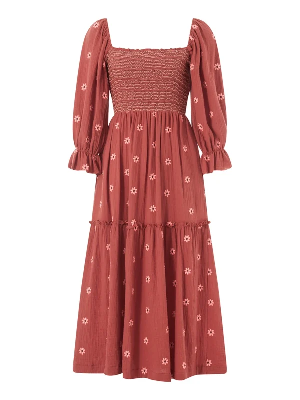 Beach Style Holiday Ruffle Swing A Line Maxi Dress Bohemian Floral Dress Women Lady Square Neck Long Sleeve Club Party Dress - Image 3