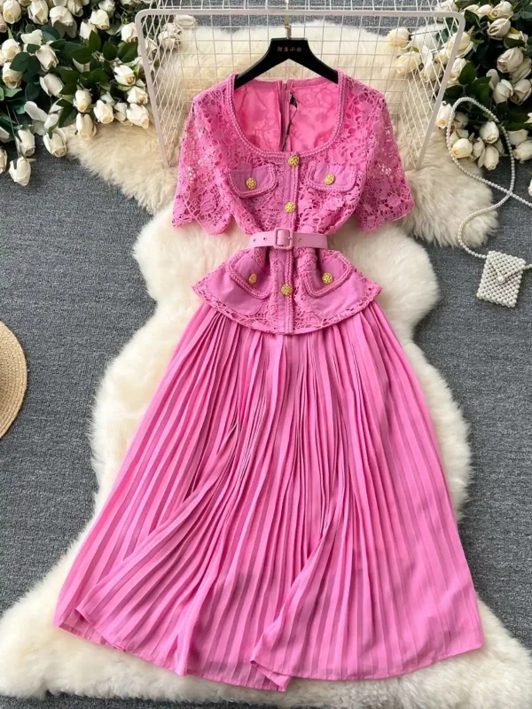 Designer 2025 Summer Pleated Chiffon Lace Long Dress Women Flower Embroidery Gold Button Belt Evening Party Dresses Wedding Robe - Image 2
