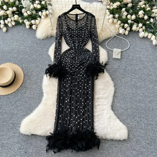 Elegant Long Sleeve Vintage O-neck Rhinestone Mesh Slim Split Spliced Feather Dresses French Evening High Street Autumn Clothing - Image 3