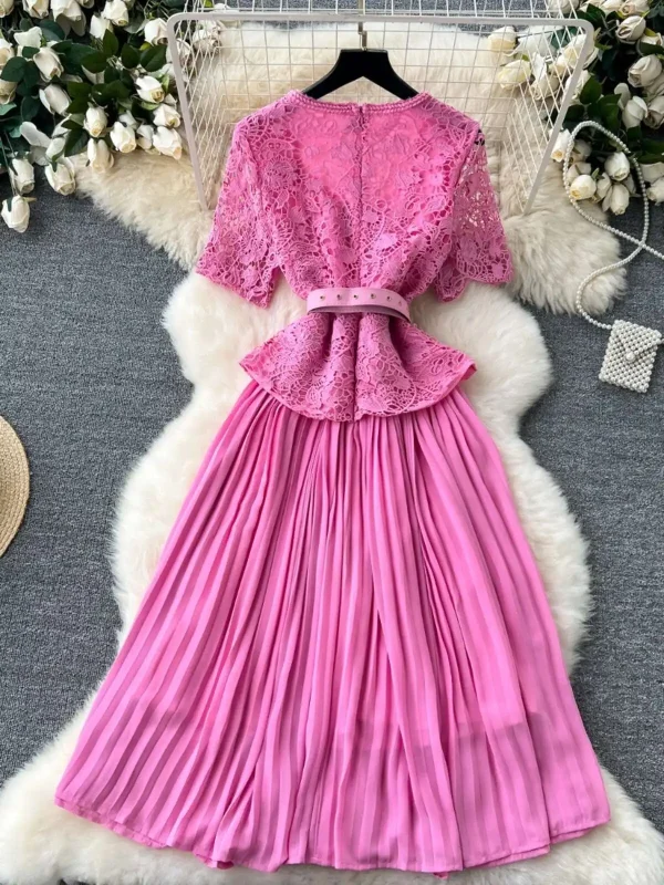 Designer 2025 Summer Pleated Chiffon Lace Long Dress Women Flower Embroidery Gold Button Belt Evening Party Dresses Wedding Robe - Image 4