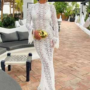 Elegant Knitted Tassel Hollow Out Long Dress Women O-neck Long Sleeve Floral Lace Slim Dresses 2025 Summer Lady Holiday Robes