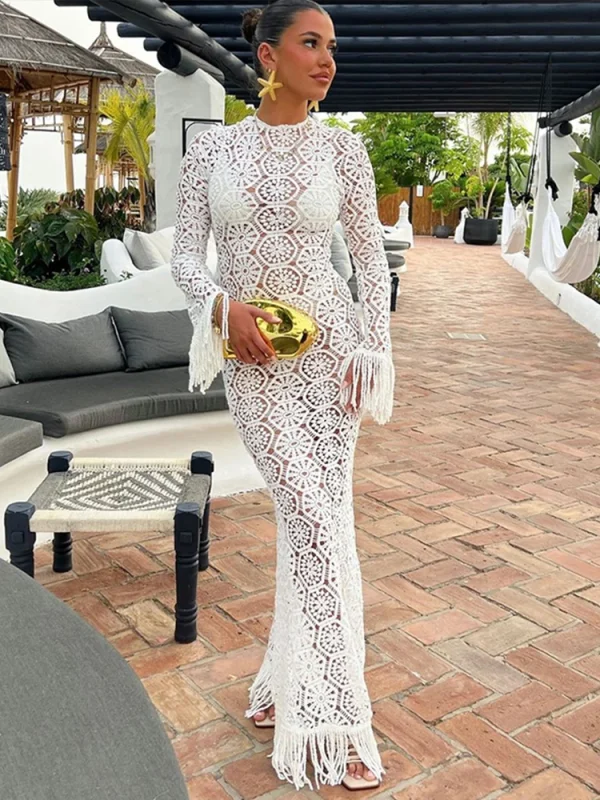 Elegant Knitted Tassel Hollow Out Long Dress Women O-neck Long Sleeve Floral Lace Slim Dresses 2025 Summer Lady Holiday Robes