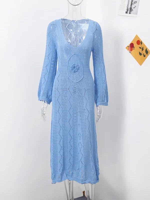 Elegant Knitted Beach Maxi Dress Women Blue V-neck Long Sleeves See Through Female Dresses 2024 Summer Lady Holiday Flower Robes - Image 5