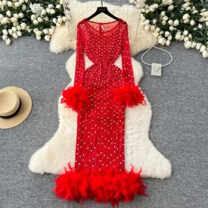 Elegant Long Sleeve Vintage O-neck Rhinestone Mesh Slim Split Spliced Feather Dresses French Evening High Street Autumn Clothing