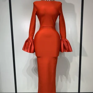 Sparkly Diamonds Neck Flare Sleeve Red Long Bandage Dress 2025 Elegant Woman Evening Party Dress Cocktail Party Club Outfit