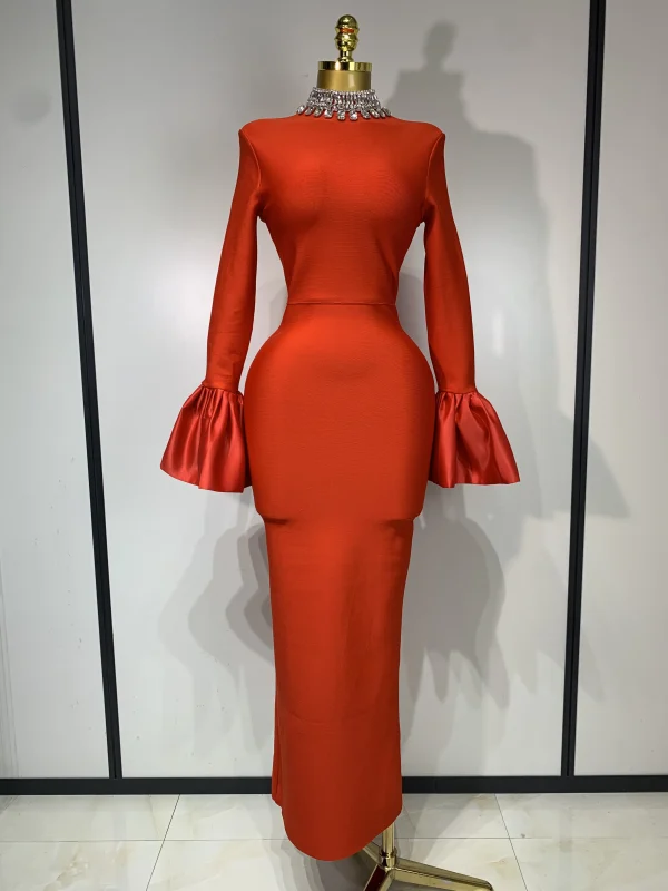 Sparkly Diamonds Neck Flare Sleeve Red Long Bandage Dress 2025 Elegant Woman Evening Party Dress Cocktail Party Club Outfit