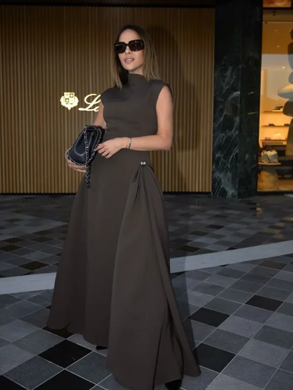 Elegant High Collar A-line Maxi Dress For Women Fashion Solid Pleated Slim Long Dresses 2024 New Lady Evening Party Prom Gowns - Image 3
