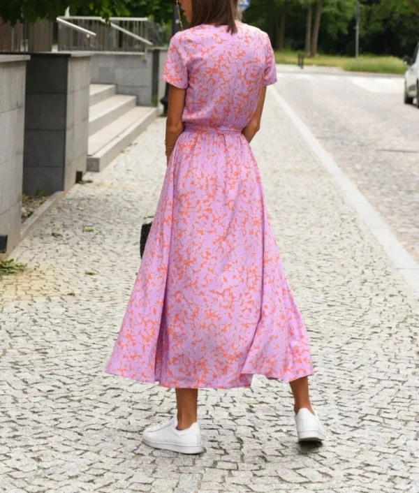 Women's Fashionable Casual Loose Dress Ladies Floral Tie V-neck Split Print Short Sleeved Long Dress - Image 4