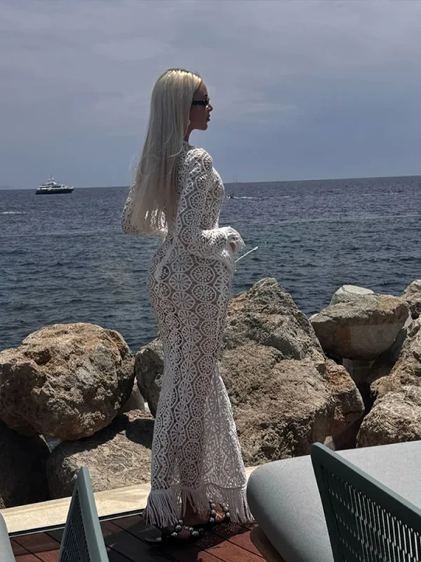 Elegant Knitted Tassel Hollow Out Long Dress Women O-neck Long Sleeve Floral Lace Slim Dresses 2025 Summer Lady Holiday Robes - Image 6