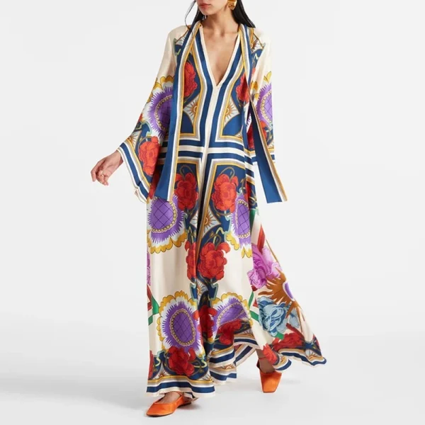 Ethnic Retro Spring Print Boho Long Dress Women Sexy Stand Collar Lace-up Party Dress Fall Long Sleeve Loose Ladies Maxi Dresses - Image 2