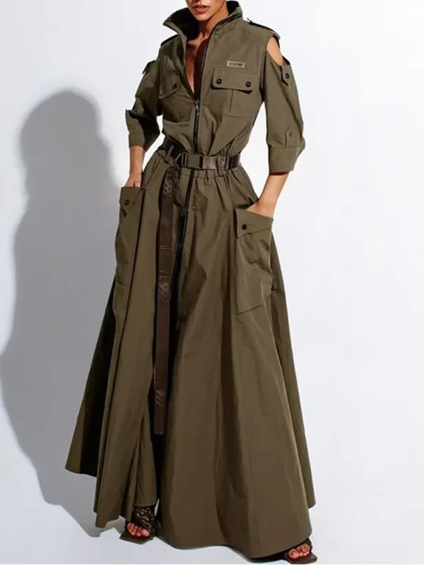 Chic Solid Maxi Shirt Dress Casual Turndown Neck Half Sleeve Zipper Belt Pockets Long Dress Ladies Streetwear Women Clothes - Image 2
