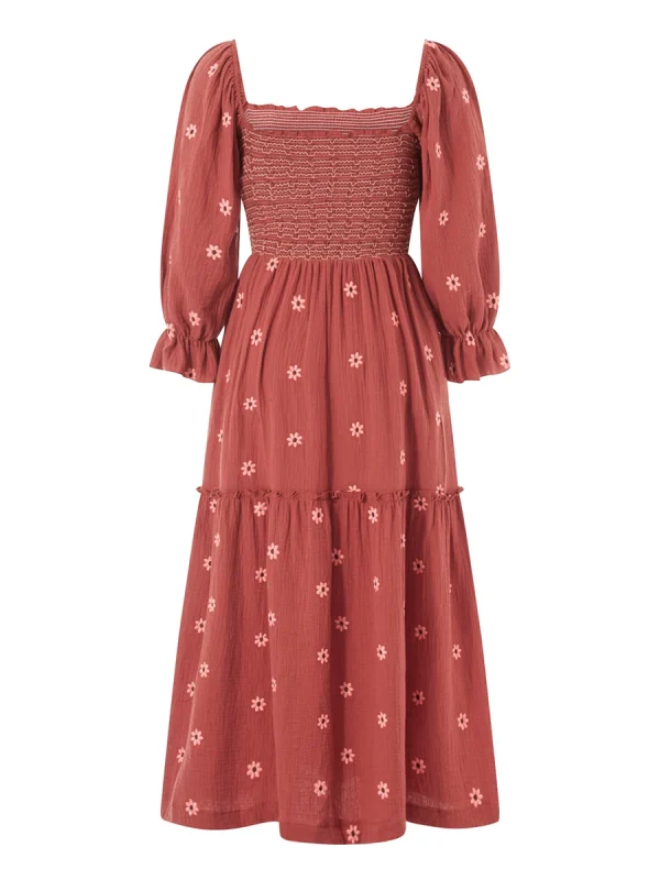 Beach Style Holiday Ruffle Swing A Line Maxi Dress Bohemian Floral Dress Women Lady Square Neck Long Sleeve Club Party Dress - Image 4