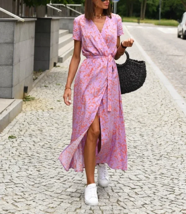Women's Fashionable Casual Loose Dress Ladies Floral Tie V-neck Split Print Short Sleeved Long Dress - Image 3