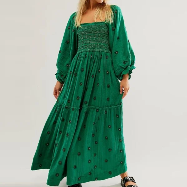 Beach Style Holiday Ruffle Swing A Line Maxi Dress Bohemian Floral Dress Women Lady Square Neck Long Sleeve Club Party Dress - Image 5