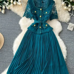 Designer 2025 Summer Pleated Chiffon Lace Long Dress Women Flower Embroidery Gold Button Belt Evening Party Dresses Wedding Robe