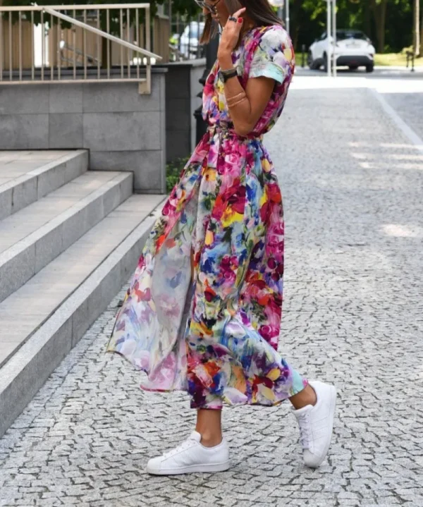 Women's Fashionable Casual Loose Dress Ladies Floral Tie V-neck Split Print Short Sleeved Long Dress - Image 2