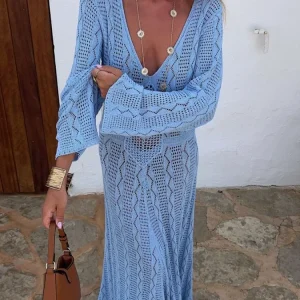 Elegant Knitted Beach Maxi Dress Women Blue V-neck Long Sleeves See Through Female Dresses 2024 Summer Lady Holiday Flower Robes