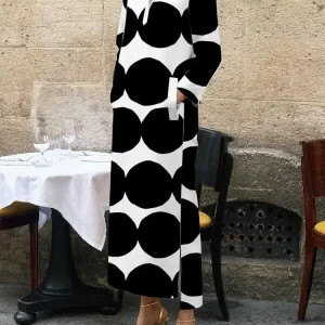 Women's Black Polka-Dot Dress vestidos Stand Collar Casual Dress Fall Autumn Summer Long Sleeves Long Dresses