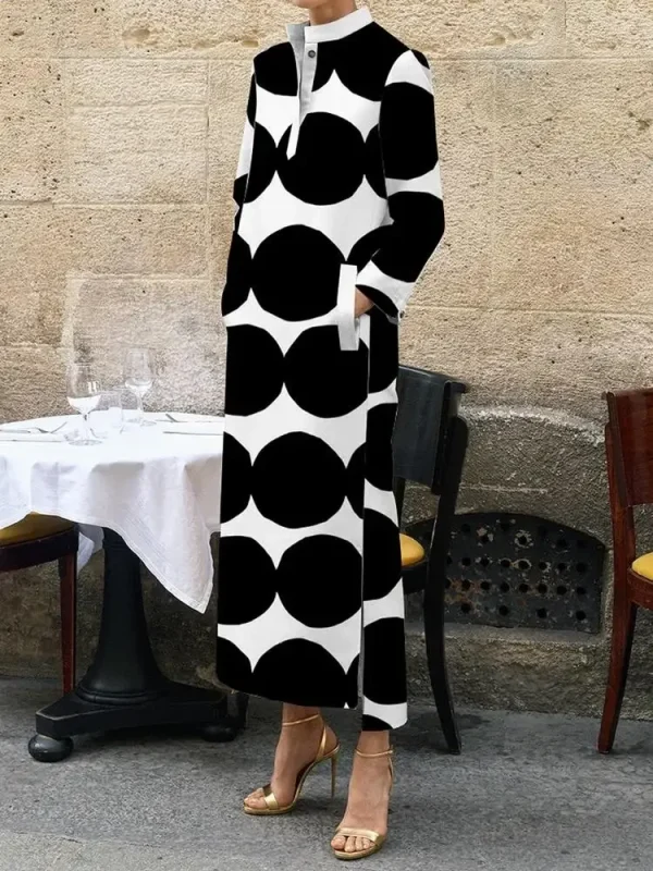 Women's Black Polka-Dot Dress vestidos Stand Collar Casual Dress Fall Autumn Summer Long Sleeves Long Dresses