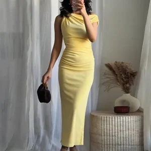 Sexy Yellow Asymmetric Long Dress Women Pleated Slim Sleeveless Zipper Maxi Dresses Female 2025 Summer Party Club Dresses New
