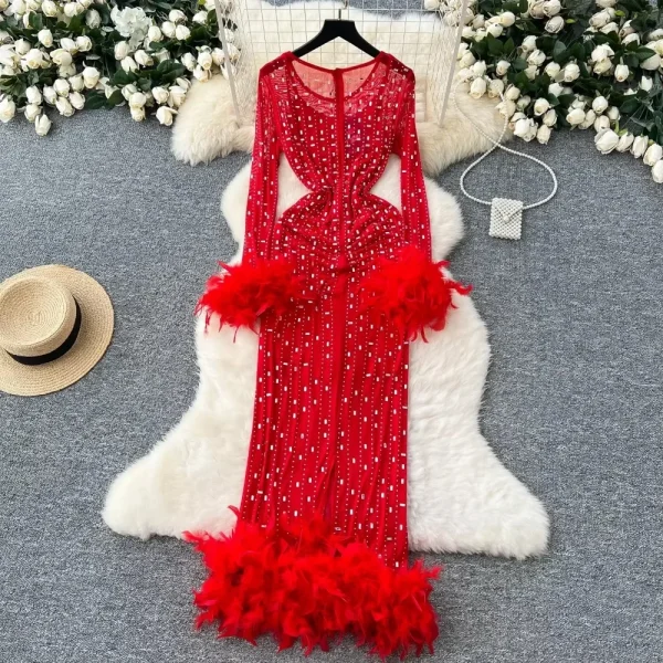 Elegant Long Sleeve Vintage O-neck Rhinestone Mesh Slim Split Spliced Feather Dresses French Evening High Street Autumn Clothing - Image 4
